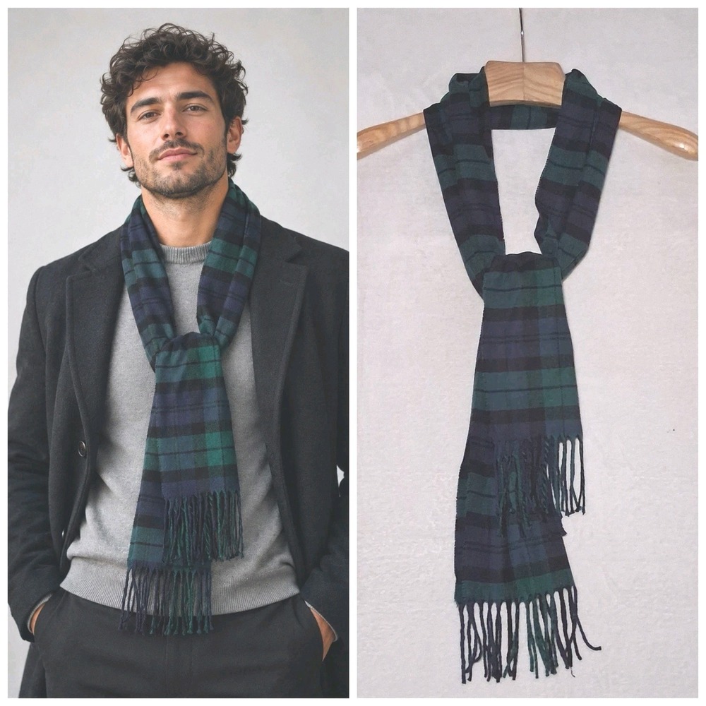 100% Cashmere Men's Scarf Green Blue Plaid Tartan Made in Scotland 65" x 12"